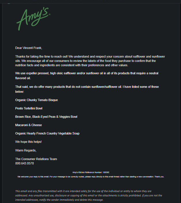 amy's foods dangerous harmful hazardous vegetable oils